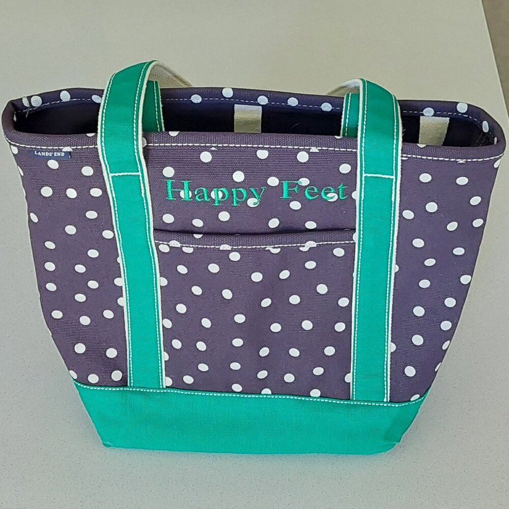 Lands End Navy Blue/Green White Polka Dot Medium Open Top Tote Bag - Picture 5 of 16